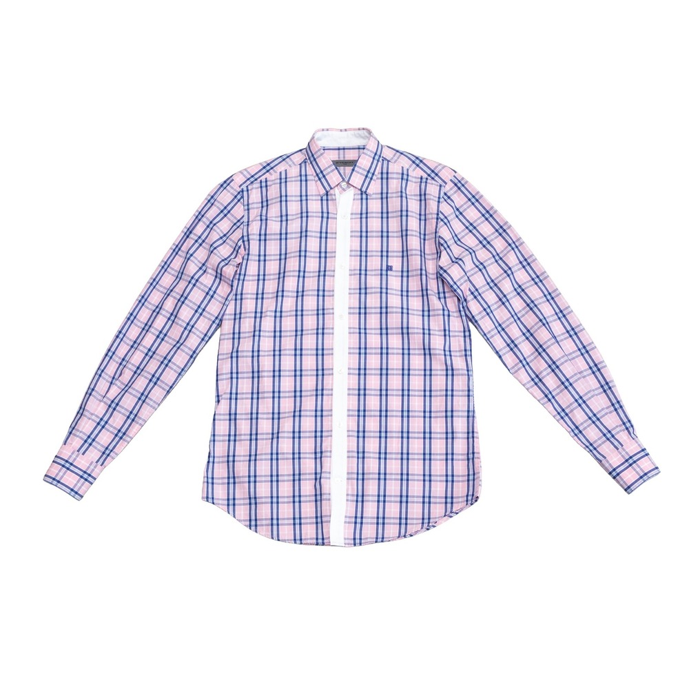 Givenchy Men Pink Blue Plaid Button Up Shirt White Contrast Placket Size S